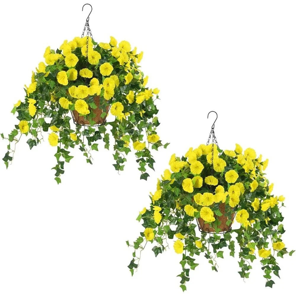 2-Pack Yellow Artificial Flowers Hanging Basket Plants Porch Patio Summer Decor